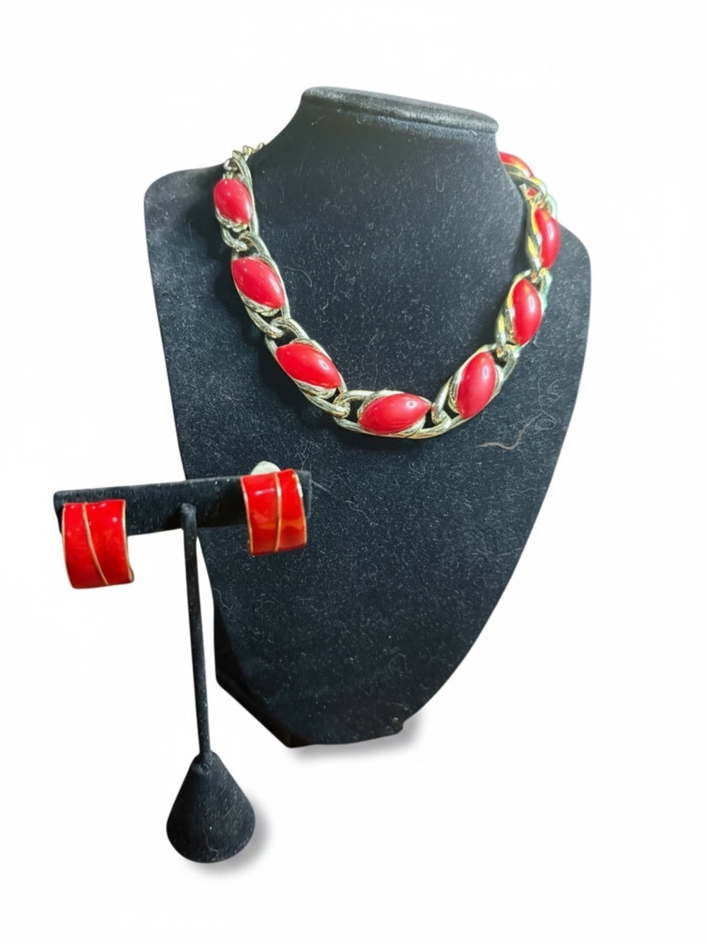 1950’s Red Thermoset Gold Tone Choker Necklace + 90's Enamel Earrings Set